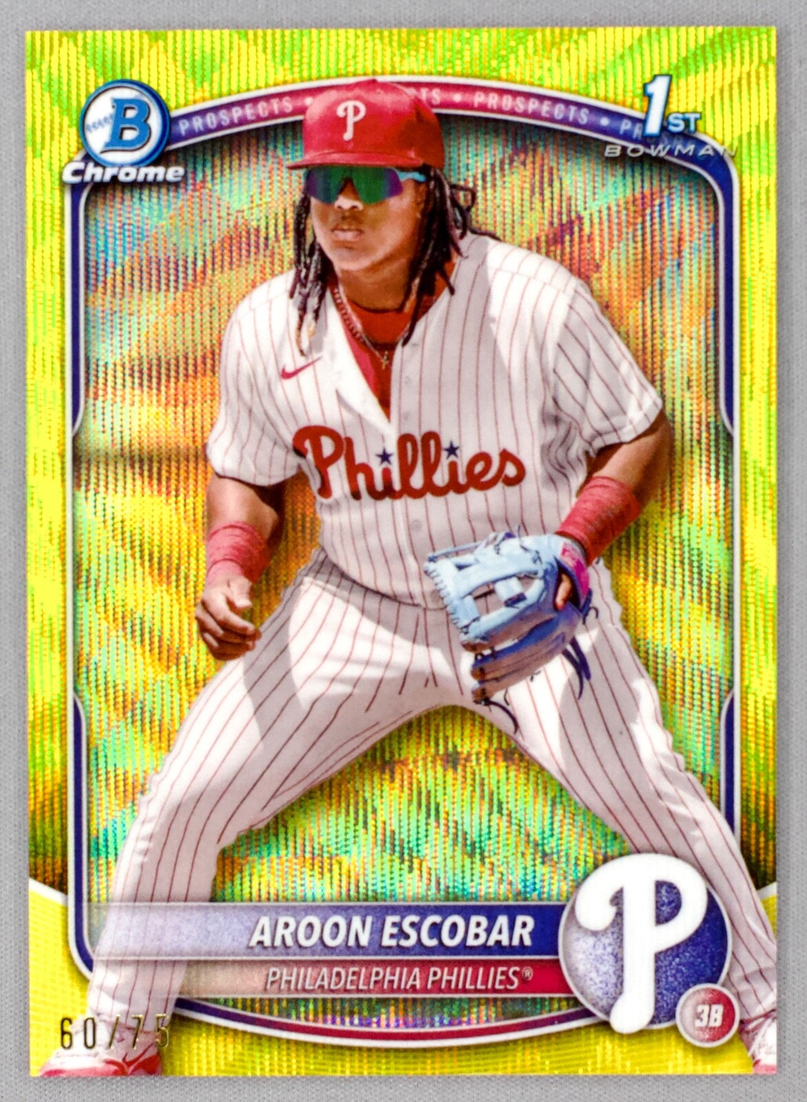 2025 Bowman Chrome 1st Prospect Aroon Escobar #BCP-65 Yellow Wave Refractor /75