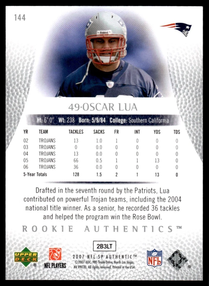 2007 SP Authentic Oscar Lua Rookie 1175/1399 New England Patriots #144 R127 - Image 2 of 2