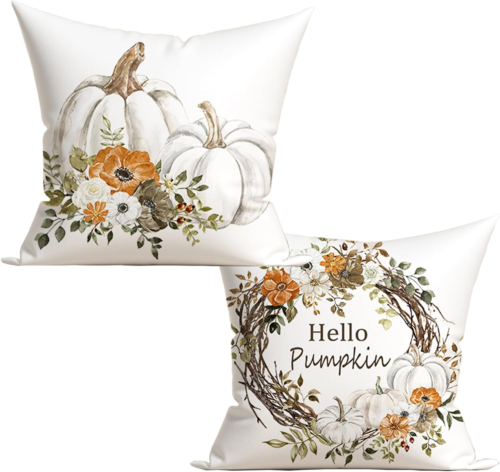 Fall Autumn Decorations Pumpkin Throw Pillows Cover 18X18 Set of 2 Grey White Pu