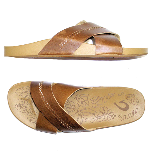 OLUKAI Kipi'a 'Olu-W 10/40 sandali slide in pelle marrone sahara incrociata - Foto 2 di 3