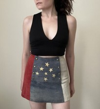 Vintage 1960s 1970s Suede Mini Skirt Leather Patriotic Flag USA mod Hippie Boho
