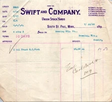 Swift & Co St Paul MN 1899 Billhead Union Stock Yards Meat Pork