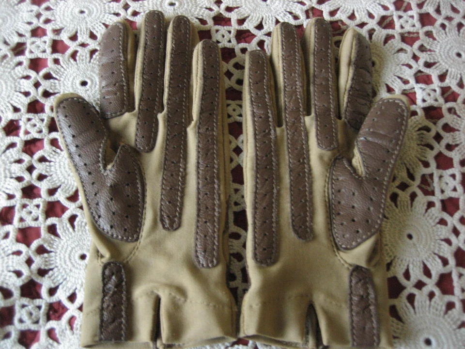 Guantes de Conducción Isotoner Vintage Tostado y Marrón Elastizados Talla Única Cuero Foto 4 de 4