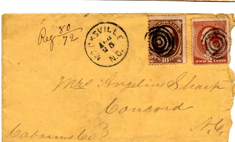 1883 USED Registered Letter Mocksville to Concord NC Route 209 & 210