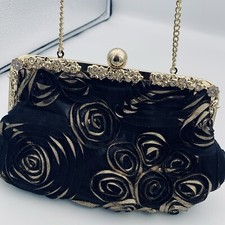 Vintage Black Fabric Gold Roses Gold Rhinestone Frame Shoulder Clutch Bag