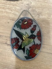 Vintage Stained Glass Painted Robin Bird Nesting Oval Suncatcher