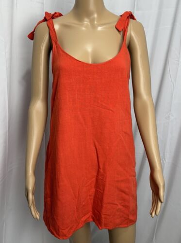 Vestido Lulus Sin Mangas Mezcla de Lino Rojo Salmón Corbata Correas Sin Espalda Mediano Usado en Excelente Condición - Imagen 2 de 14