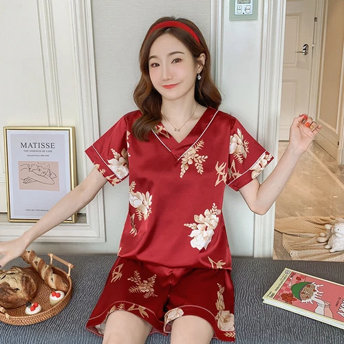 Damen Seide Satin Pyjama Set Kurzarm Nachtwäsche V-Ausschnitt Homewear 2-teilig Pyjama - Bild 6 von 60