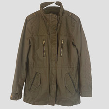 H M Utility Jacket Sz 12 Cotton Green Drawstring Waist Zip Pockets Long Sleeves