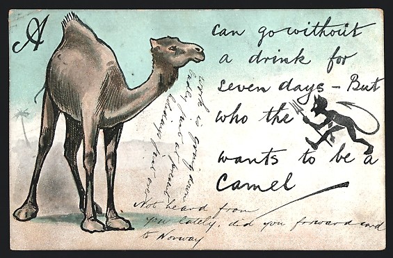 Camello y diablo con tridente en el desierto, postal 1906