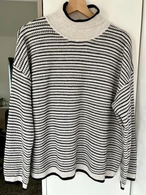 The White Company gestreifter Pullover UK 14-16 creme schwarz hochgeschlossen Wollmischung Strick