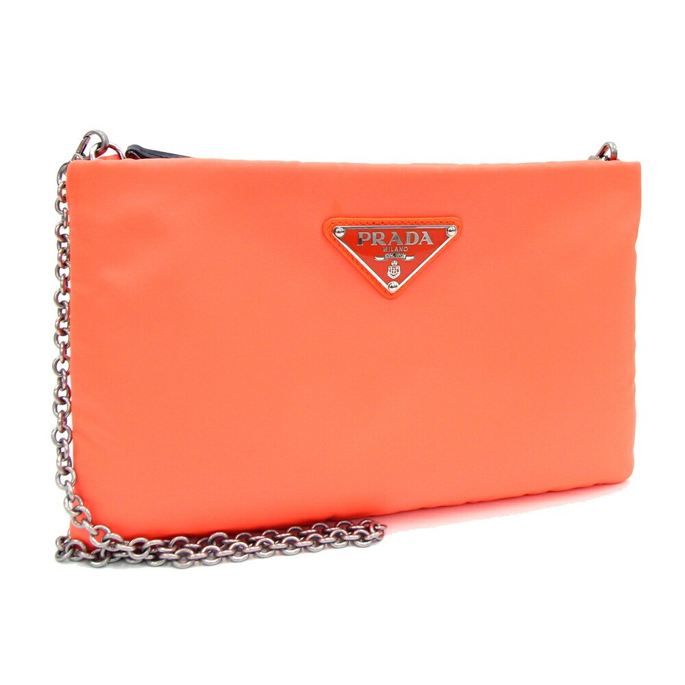 Prada Neon Orange Nylon Chain Shoulder Bag 2Way Crossbody Clutch 1Bf082