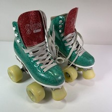 Crazy Disco Glam Teal Green Glitter Quad Roller Skates Ladies Girl's Kids Size 2