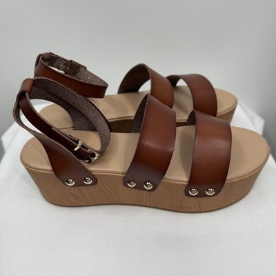 NEW Shoedazzle Wedge Azure Sandals Womens Size 11 Brown Strappy Platform Buckle