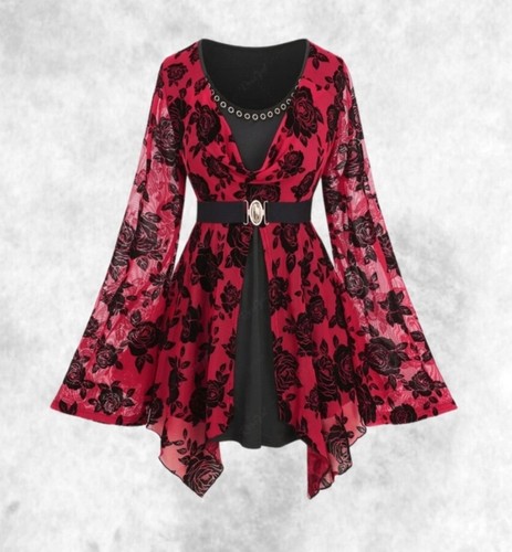 Neu rot & schwarz Rose beflockt Netz Gothic Bluse Top mit Gürtel Gr 2XL 20 22 24