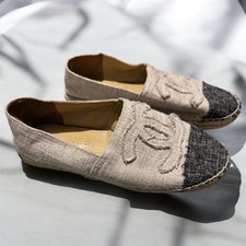 Chanel Mujer Alpargata Plana Beige Lona Negra Puntera Talla EU 38