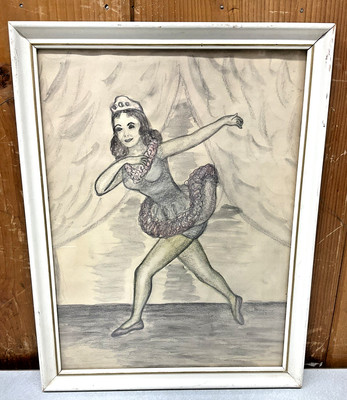2x Lot Ballerina Cute Vintage Original Pencil Sketch Art Artwork Framed Ballet