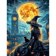 Halloween Diamond Art,Kits for Adults, Witch and the Cat,Diamond Painting Kits,,