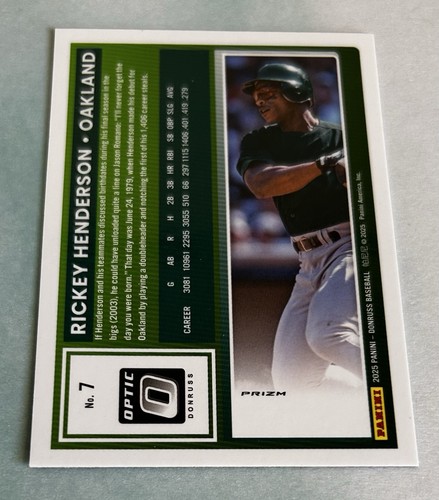 Rickey Henderson 2025 Donruss Optic #7 Black Pandora Oakland Athletic's HOF - Bild 3 von 4