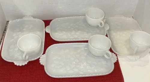 4 -Vintage 1930 Hazel Atlas Milk Glass Dogwood Pattern Snack Sets - Mid Century
