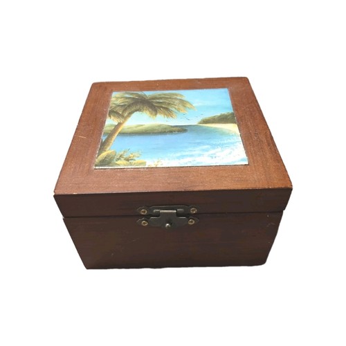 Vtg Ocean Beach Wood Keepsake Trinket Box Jewelry Scene Palm Tree Latch Hinges