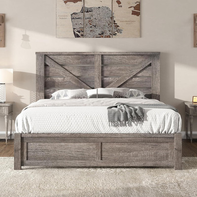 AMERLIFE Queen Size Farmhouse Bed Frame with 49.2'' Barn Door Headboard, Platform