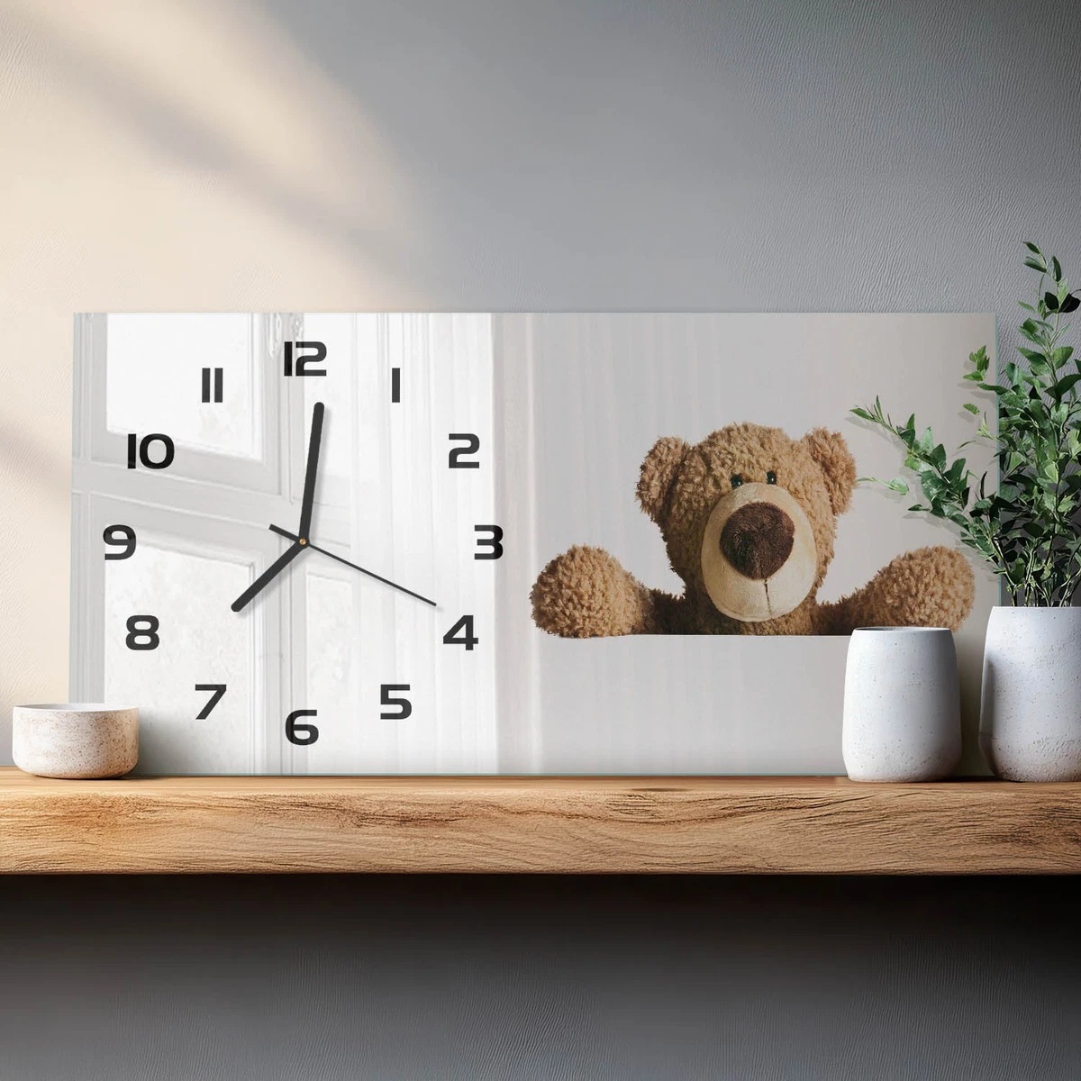 Reloj de Pared Rectangular Horizontal Cristal Templado de Diseño Osito 60x30 cm