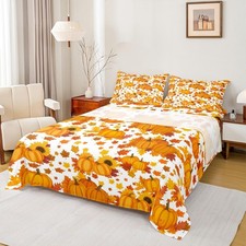 Fall Pumpkin Bed Sheets Twin Autumn Maple Leaves Bedding Set Thanksgiving Har...
