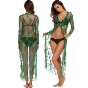 Sexy-Lingerie Women Lace Sheer Lady See-Through Kimono Robe Gown Long Dress US