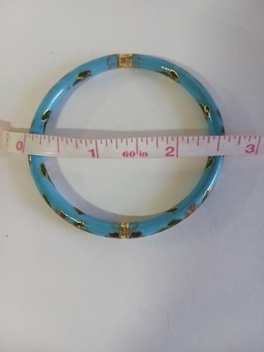 Cloisonne Bangle Bracelet Sky Blue Flower Hinged Clamp Small Vintage - Picture 12 of 12