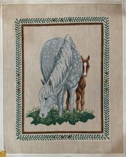 Horse  Foal Vintage Hand Painted Needlepoint Canvas 16" x 20"