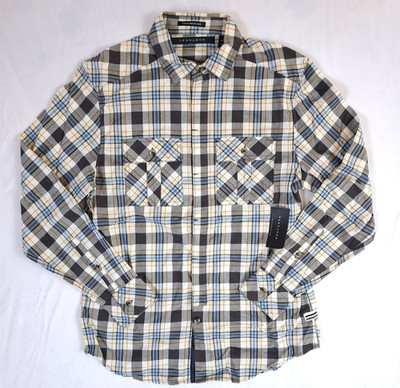 Sean John Long Sleeve Shirt Mens Medium Plaid Yellow Brown Blue Tailored Fit Y2K