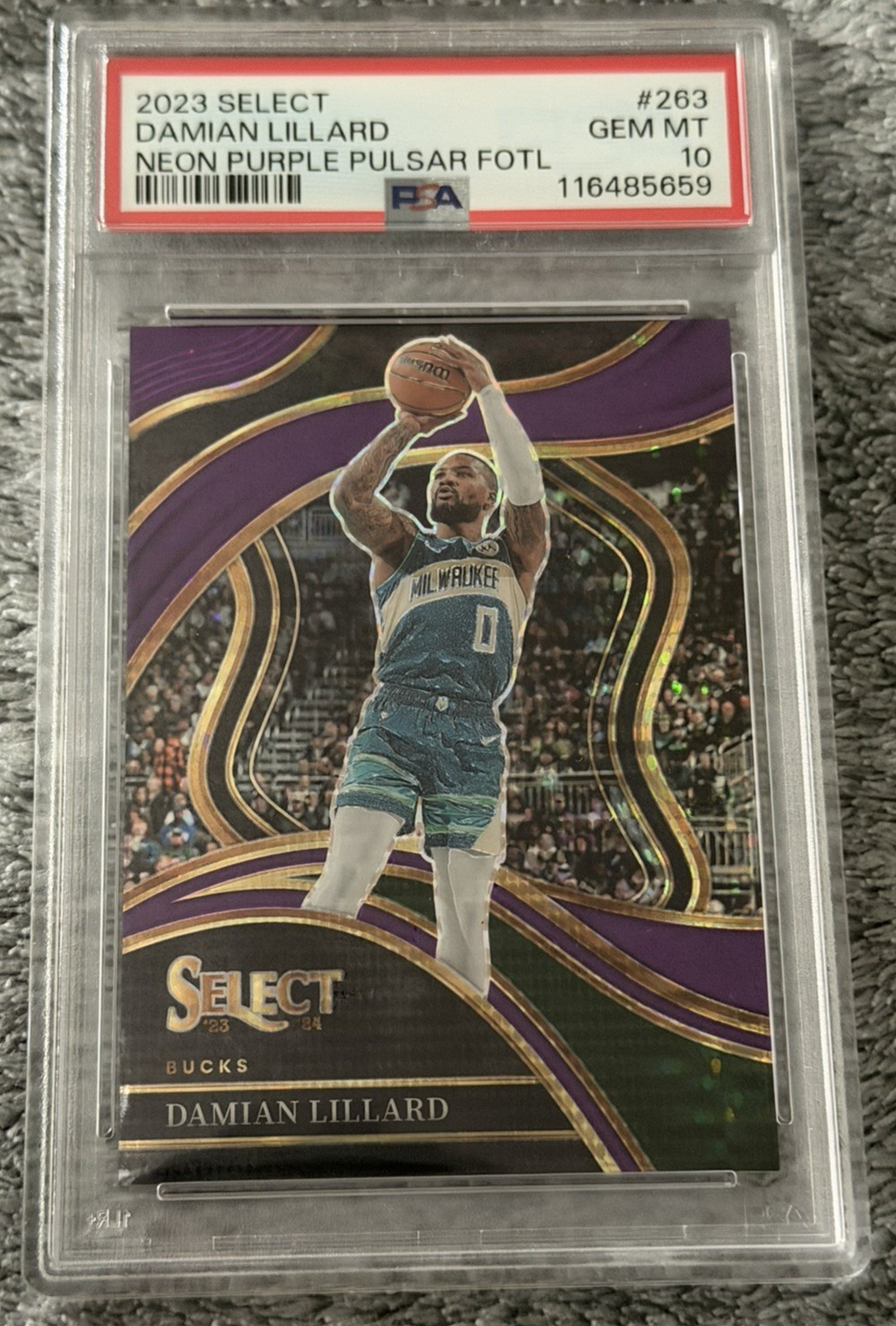 2023-24 Select Prizms Neon Purple Pulsar FOTL Damian Lillard #263 1/5 PSA 10 view 1