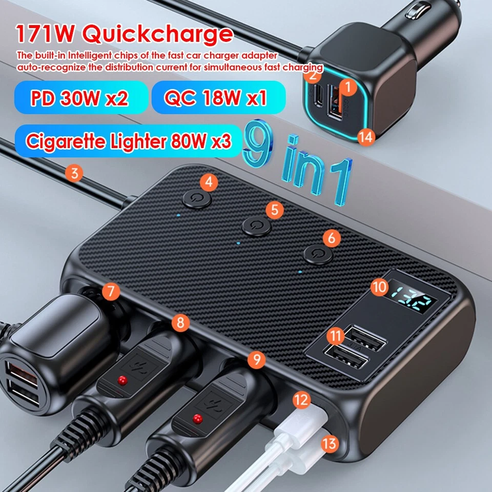 Adaptador de corriente cargador rápido USB C 9 en 1 divisor de enchufe encendedor de cigarrillos para automóvil Foto 3 de 4