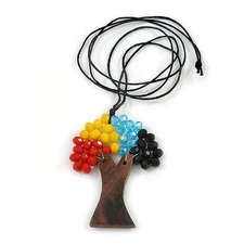 Multicoloured Glass Bead/ Brown Wood Tree Of Life Pendant with Black Cotton