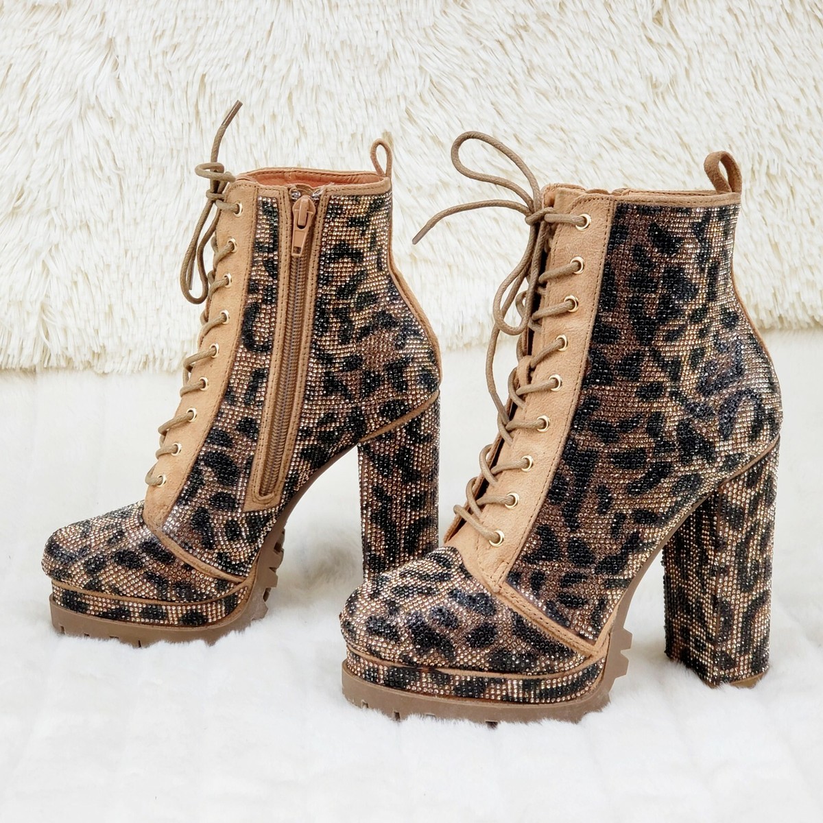 Wild Diva Vivian 15 Leopard Rhinestone High Heel Platform Ankle
