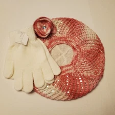 "New" Capelli Kids Pink & Cream 2 Piece Beret & Glove Set for Girls - One Size