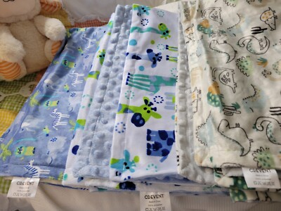 Crevent Minky Boys Crib Blankets Lot of 3- Giraffe, Dinosaur, Safari Themed