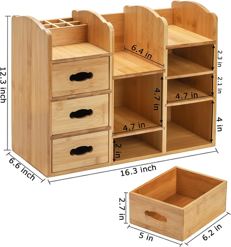 Bamboo Makeup Cosmetics Organizer with Drawers, Multifunctional Dresser Top Make - Picture 2 of 7