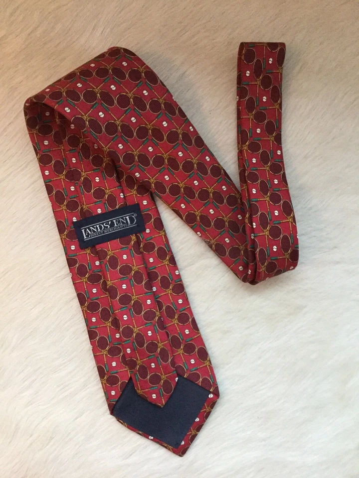 LANDS END Hombre Corbata Deportes Tenis Raqueta y Pelotas Seda Hecha en EE. UU. ¡Clásica, Divertida! Foto 3 de 4