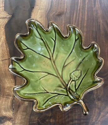 Leaf Acorn Bowl Candy Nut Snack Dish Stoneware Hand Painted Fall Nature Green