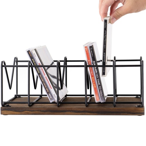 Industrial Burnt Wood & Matte Black Metal CD Holder Storage Rack, Holds 25 CDs - Picture 5 of 7