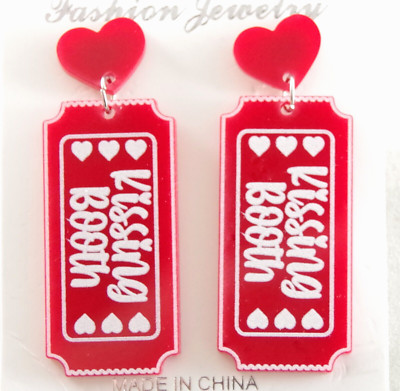 2 1/8'' NEW KISSING BOOTH TICKET VALENTINE HEART ACRYLIC DROP DANGLE EARRINGS