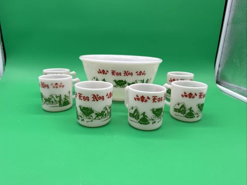 Hazel Atlas VTG 1950s Milk Glass Christmas Egg Nog Punch Bowl Set with 6 Mugs