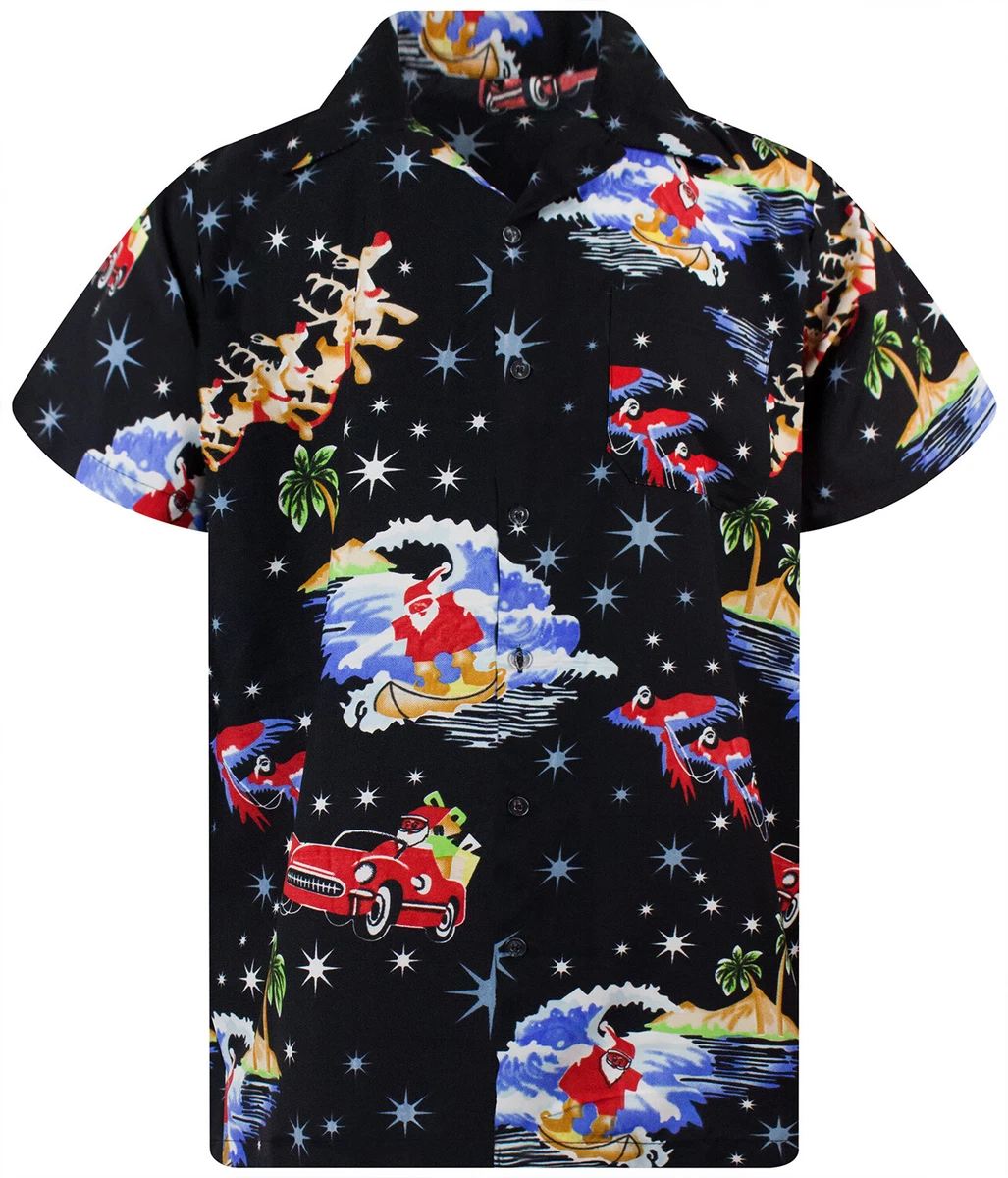 Camisa de Navidad Camisa de Hawai Christmas Surf Santa Negro