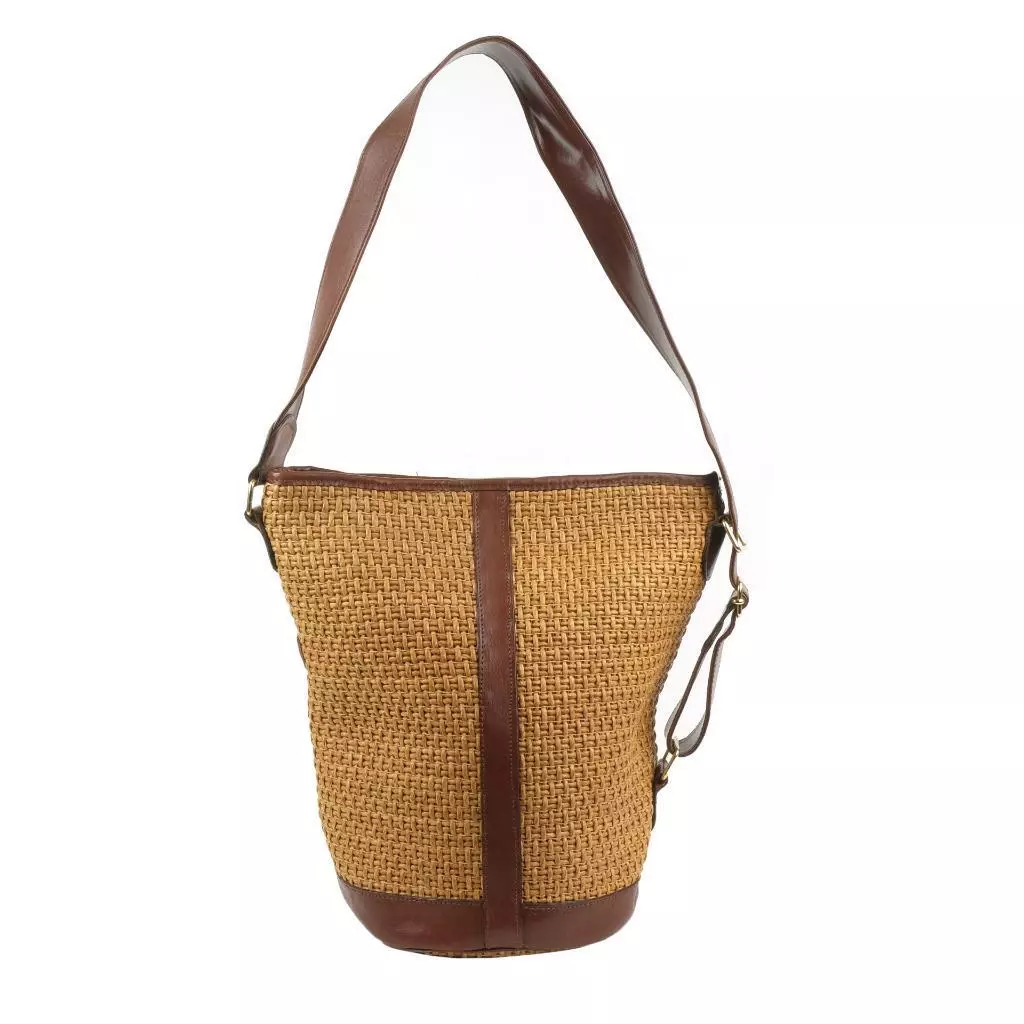 Leather and raffia bucket bag