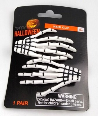 Creepy Halloween Skeleton Hands Bone Hair Clips Black White Clawed 1 Pair Set 5+