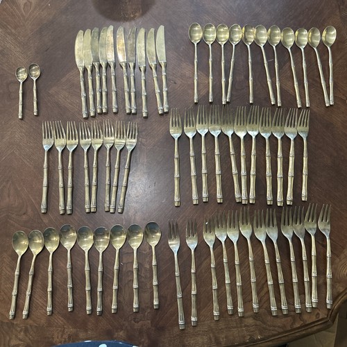 Vintage Gold Tone Bamboo Style Flatware Brass 63 Piece Set Nickel Bronze