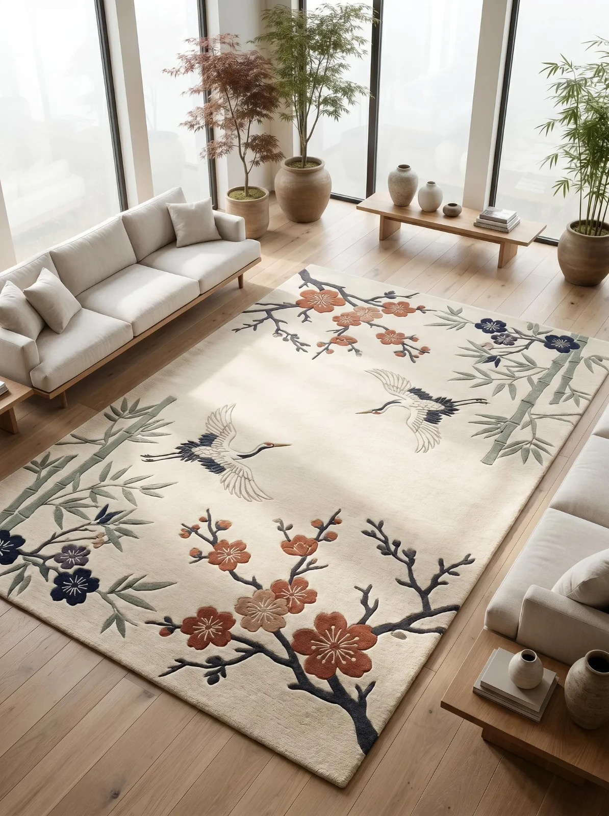 Hand Tufted Bamboo Floral Wool Rug Neutral Beige