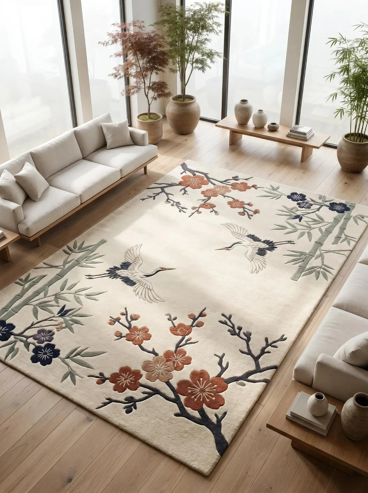 Hand Tufted Wool Area Rug Neutral Beige Bamboo Floral Rug Jalanda Living Room Ru